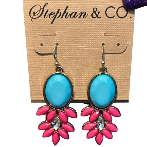 Stephan & CO. Blue, Pink, and Rhinestone Drop Earrings w/ Goldtone Medal Rim - Picture 2 of 6